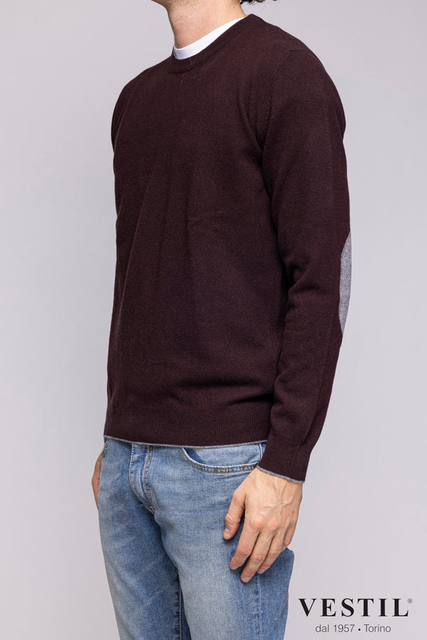 ALTEA, Crew-neck sweater in soft geelong wool, with patches, dark burgundy, man