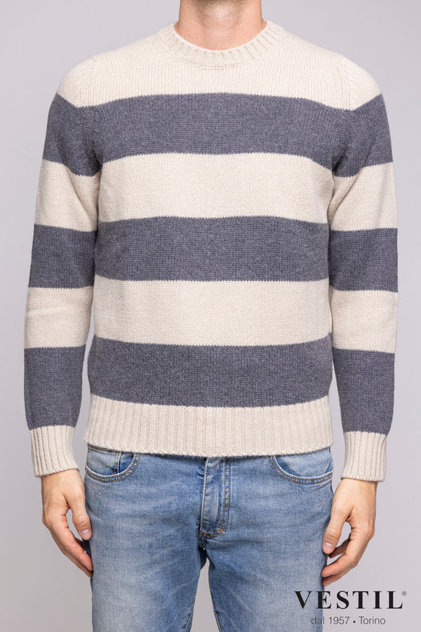 JURTA, White and gray wool crew neck sweater