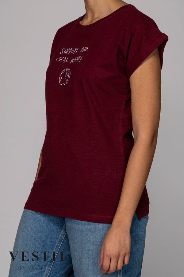 DEDICATED, women's burgundy T-shirt