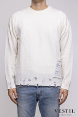 AMARANTO, Crew-neck sweater with tears in wool blend, cream, unisex