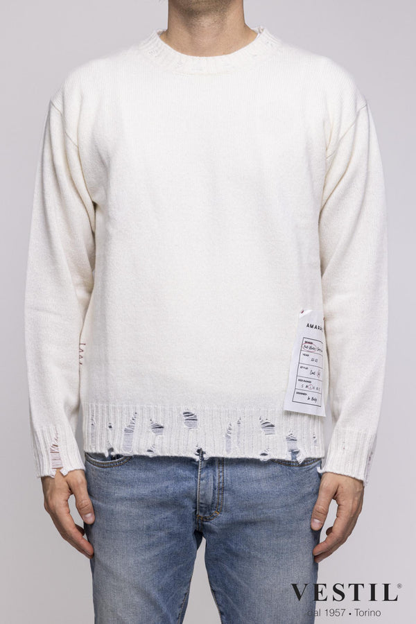 AMARANTO, Crew-neck sweater with tears in wool blend, cream, unisex