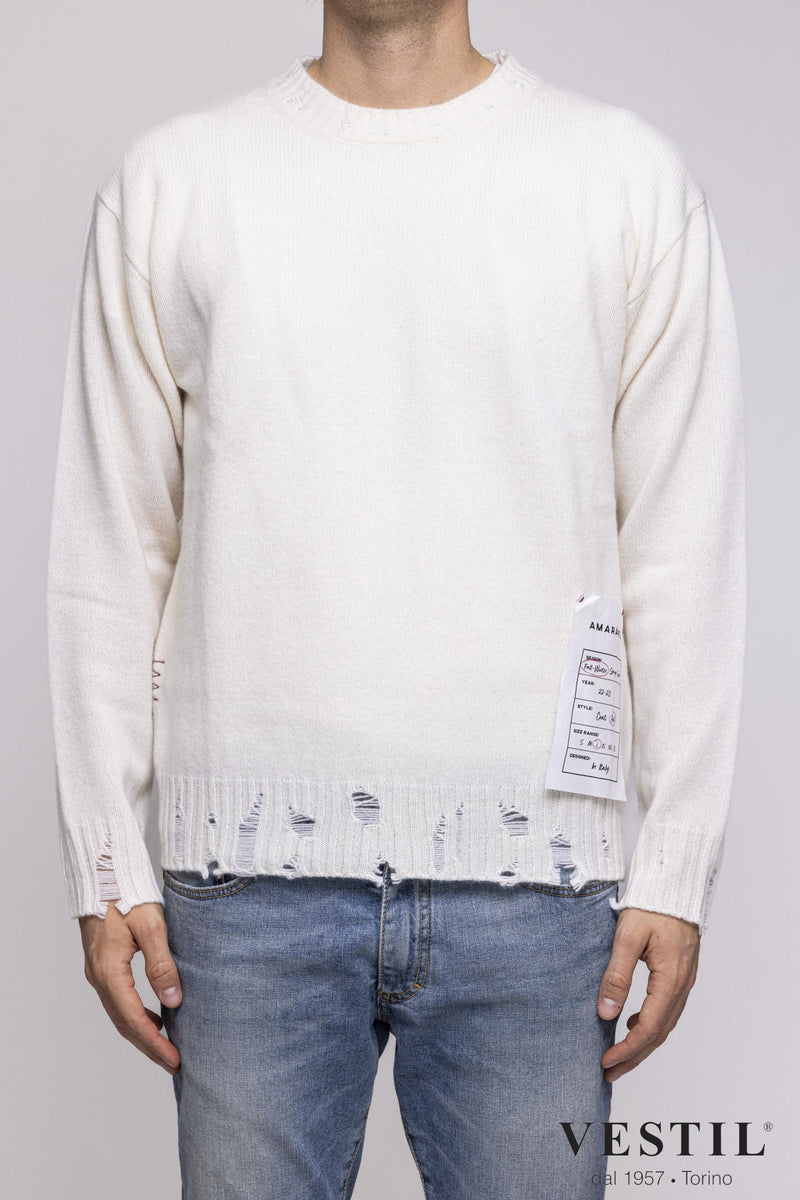 AMARANTO, Crew-neck sweater with tears in wool blend, cream, unisex