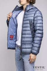 Short down jacket with fixed hood and slow hood