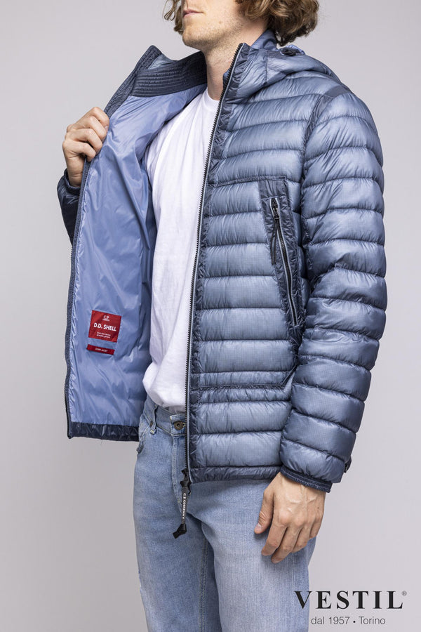 Short down jacket with fixed hood and slow hood