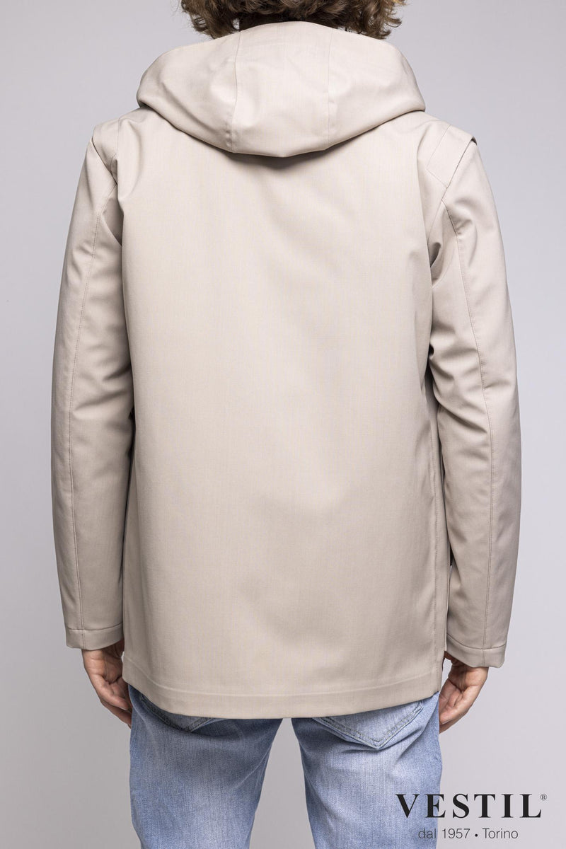 short - fixed hood - 1 hook - zip button - contrasting detachable interior