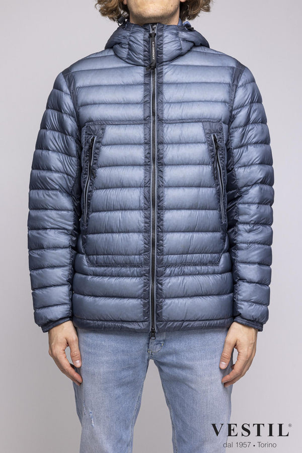 Short down jacket with fixed hood and slow hood