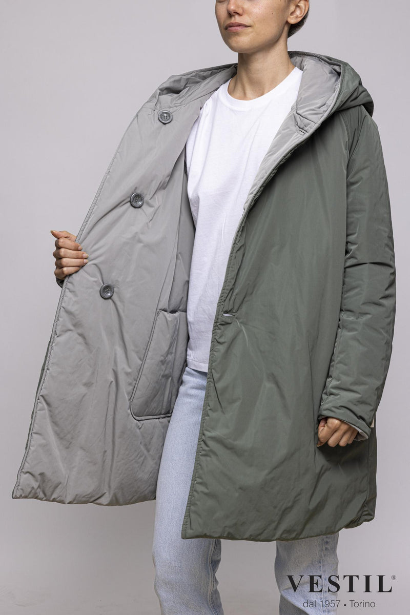 WOMEN'S OOF WEAR JACKET, REVERSIBLE WITH HOOD, GRAY AND GREEN