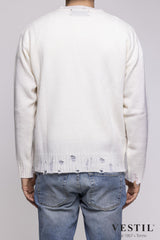 AMARANTO, Crew-neck sweater with tears in wool blend, cream, unisex