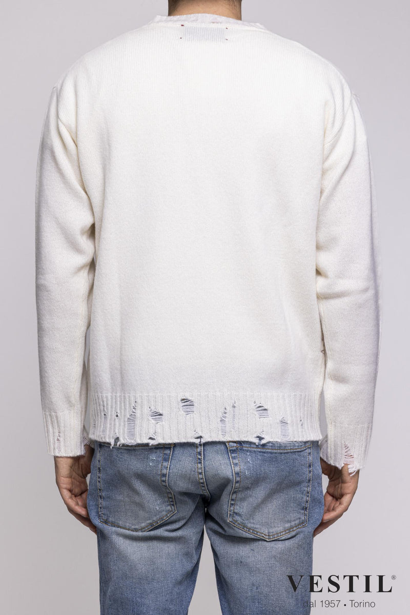 AMARANTO, Crew-neck sweater with tears in wool blend, cream, unisex