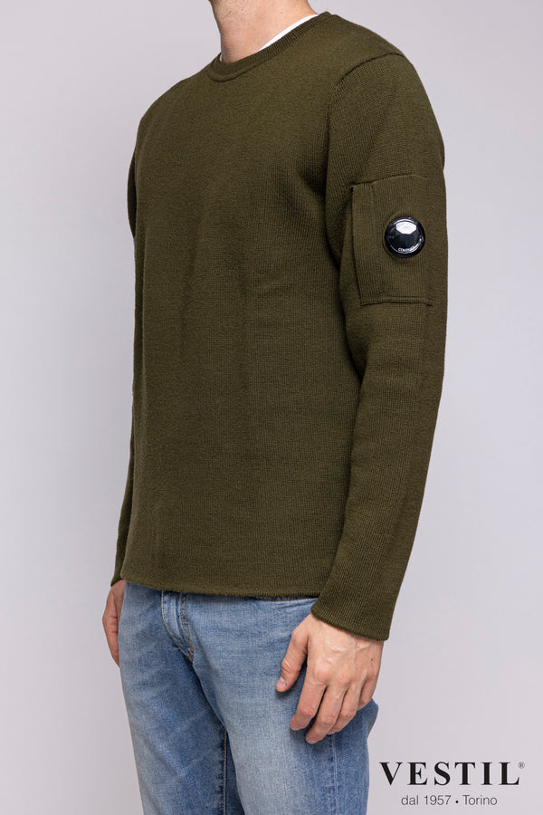 CP COMPANY, Crew-neck sweater in cotton and chenille, military green, man