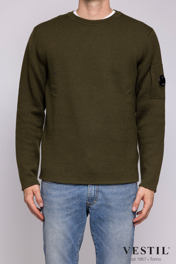 CP COMPANY, Crew-neck sweater in cotton and chenille, military green, man