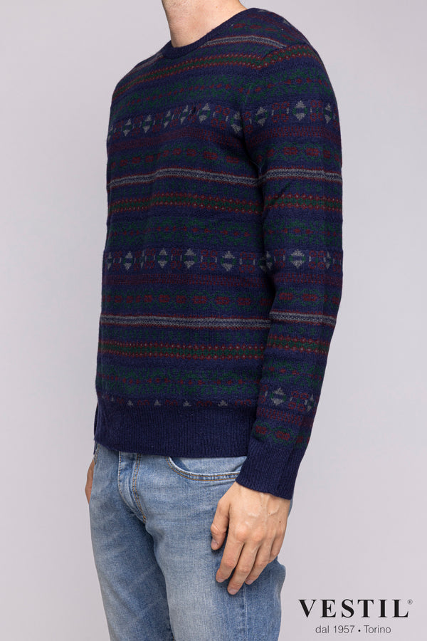 POLO RALPH LAUREN, crew-neck sweater in wool and cashmere, blue with pattern, man