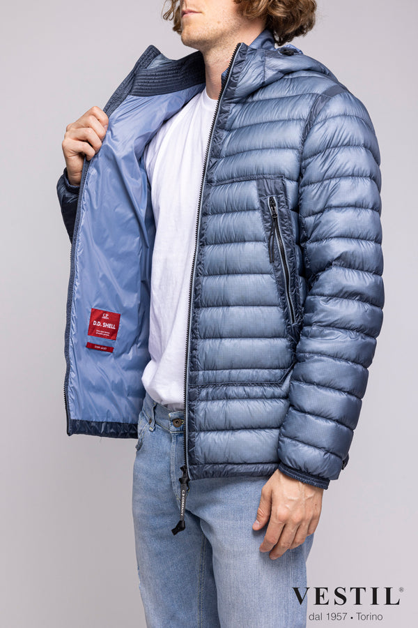 Short down jacket with fixed hood and slow hood