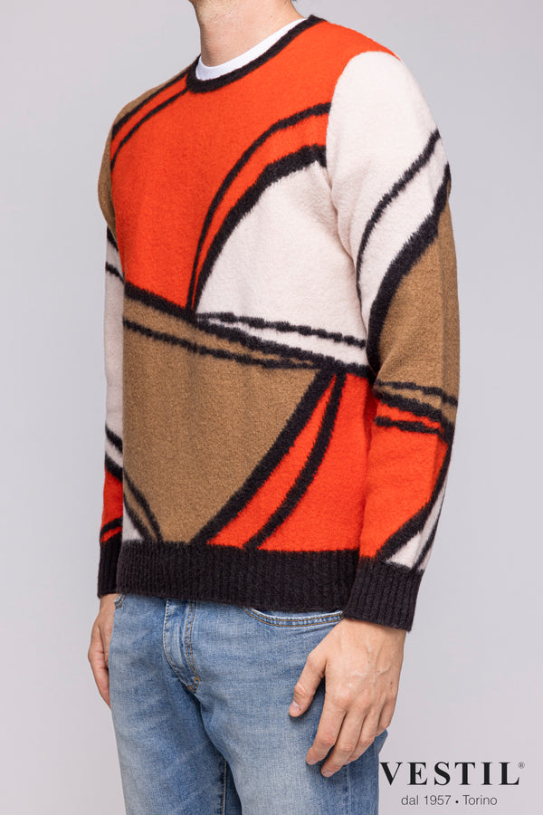 DRUMOHR, Wool crewneck sweater, orange, white and camel, man