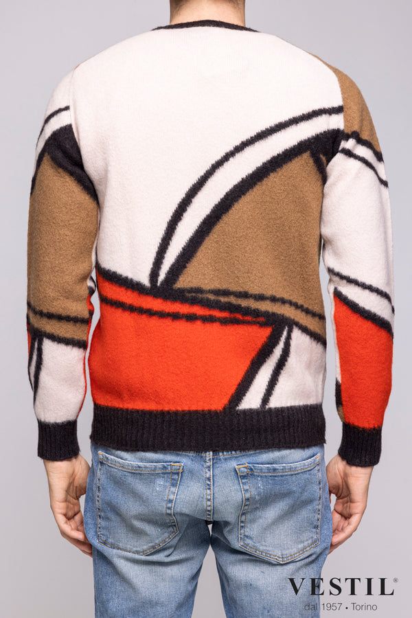 DRUMOHR, Wool crewneck sweater, orange, white and camel, man
