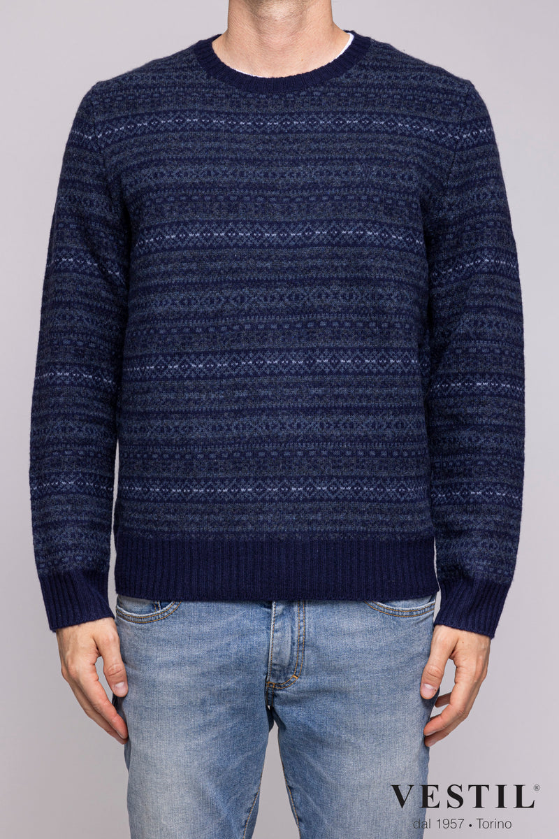 POLO RALPH LAUREN, crew-neck sweater in wool and cashmere, blue with micro-pattern, man