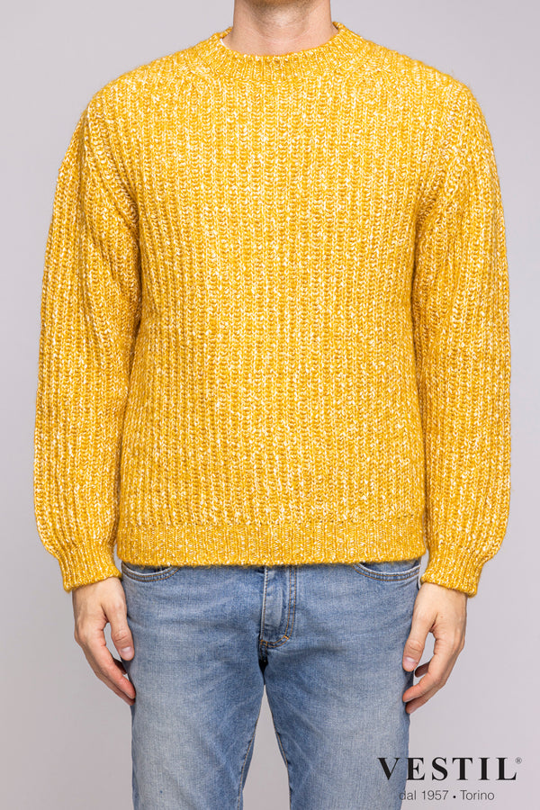 SETTEFILI CASHMERE, Crew-neck sweater with English rib, in wool blend, ocher, man
