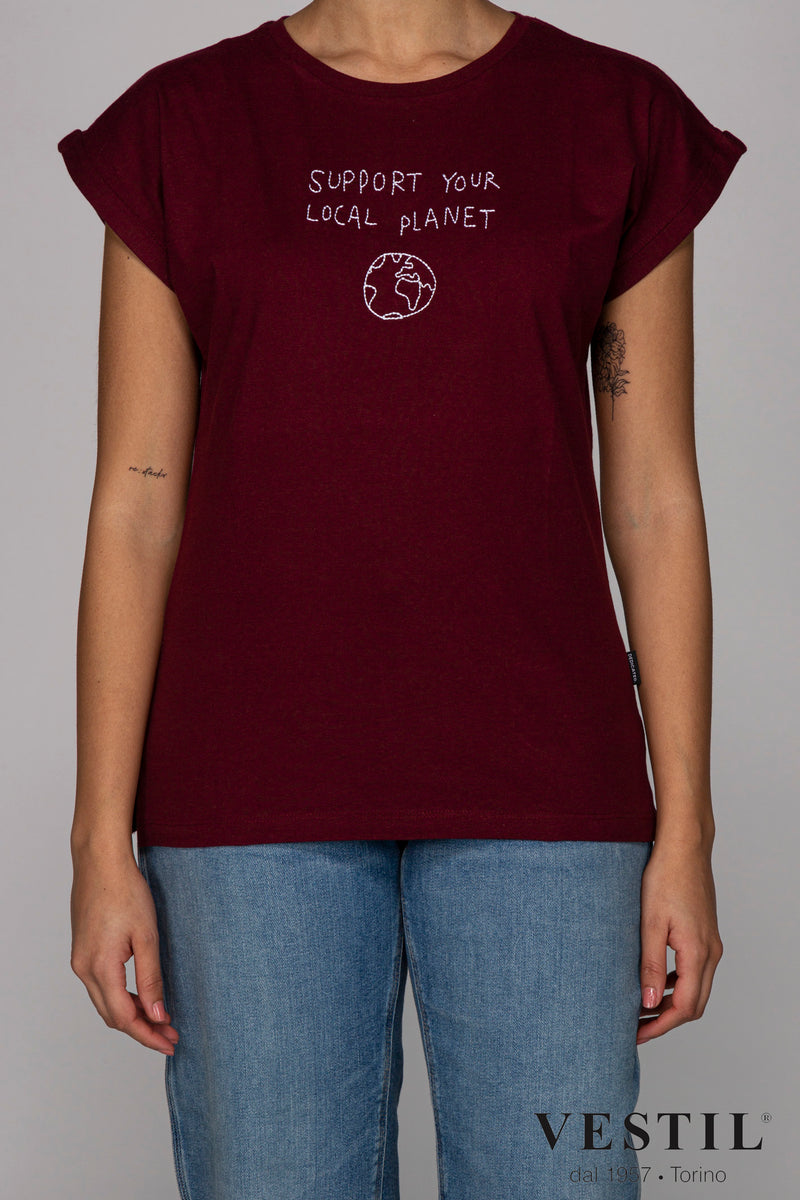 DEDICATED, women's burgundy T-shirt