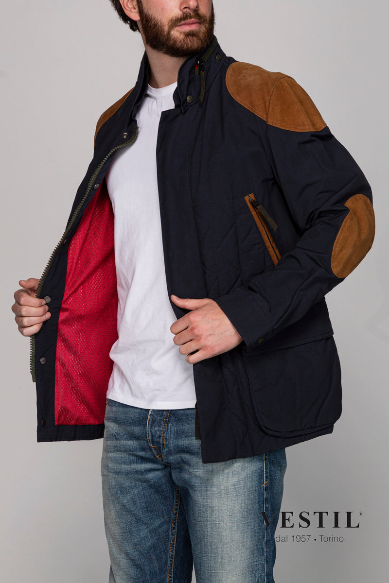 14 zip, stand collar, flap pockets, quilted front, leather pockets and elbows, hidden hood